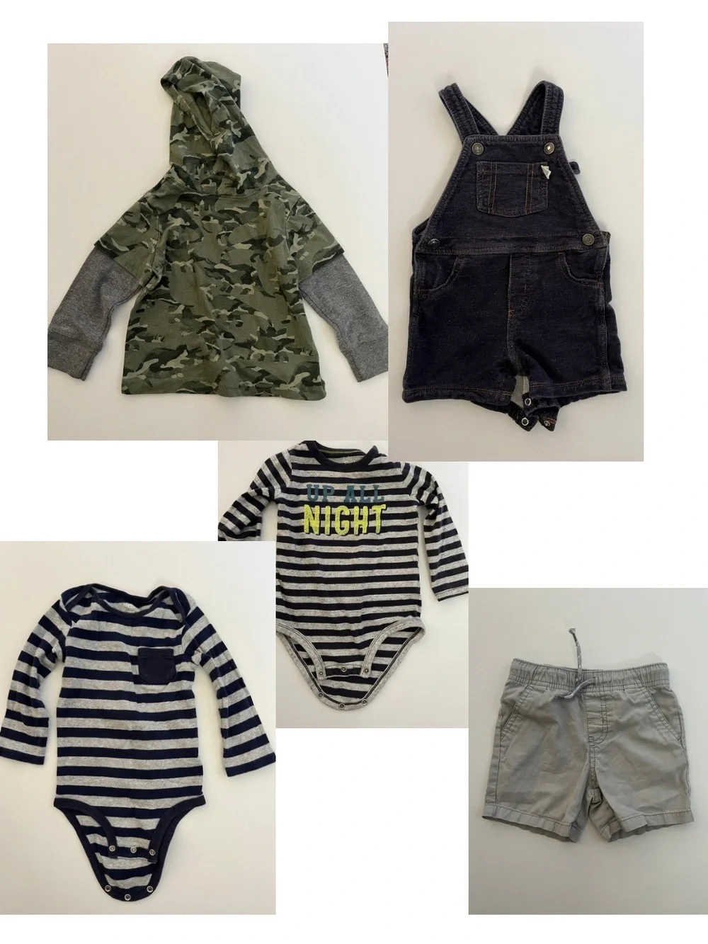 Kids Camo Hoodie, Navy Overalls, striped onesies, and Gray Shorts